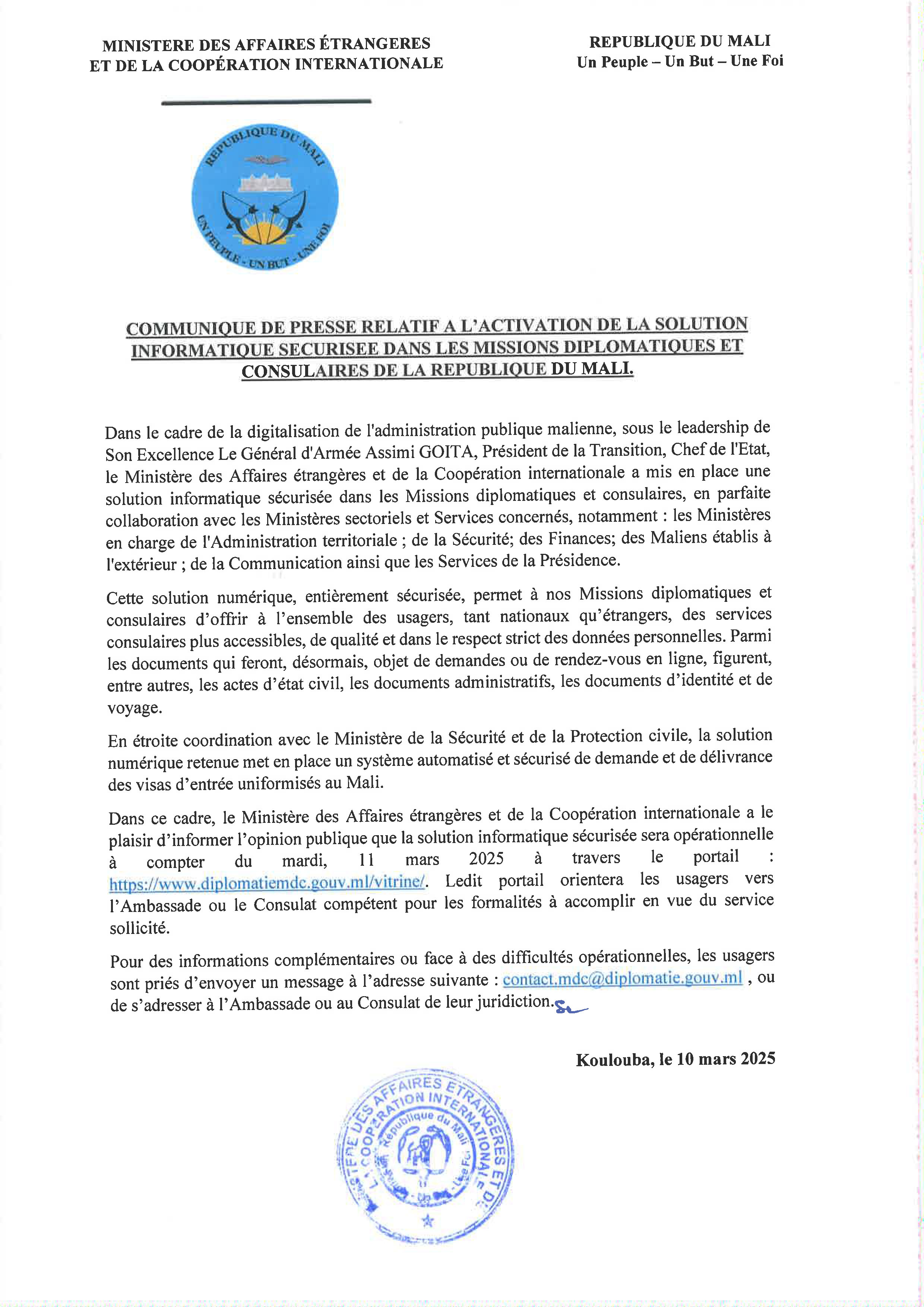 Communiqué de presse relatif à l&#039;activation de la solution informatique sécurisée dans les MDC